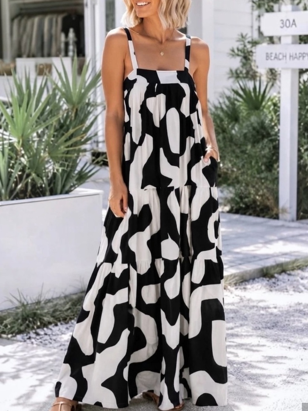 Anthropologie Abel the Label Black & White Abstract Boho Print Maxi Dress